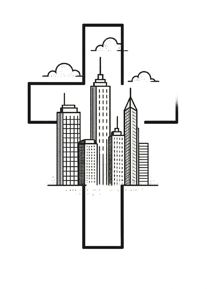 Tattoovorlage Kreuz mit minimalistischer Stadtlandschaft