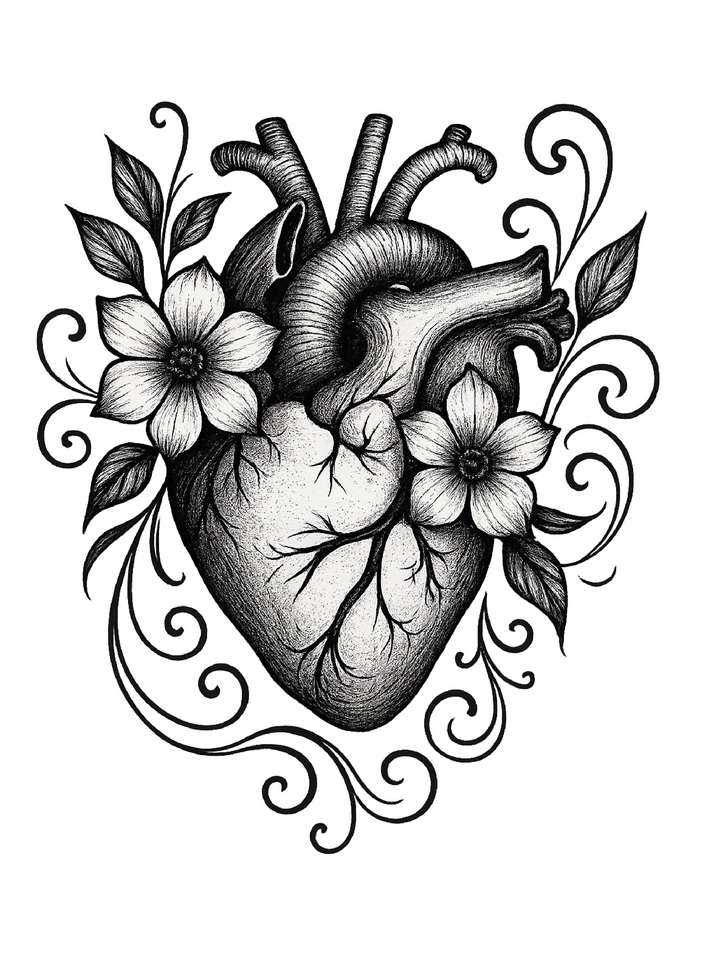 Tattoovorlage künstlerisches Herzmotiv mit floralen Elementen
