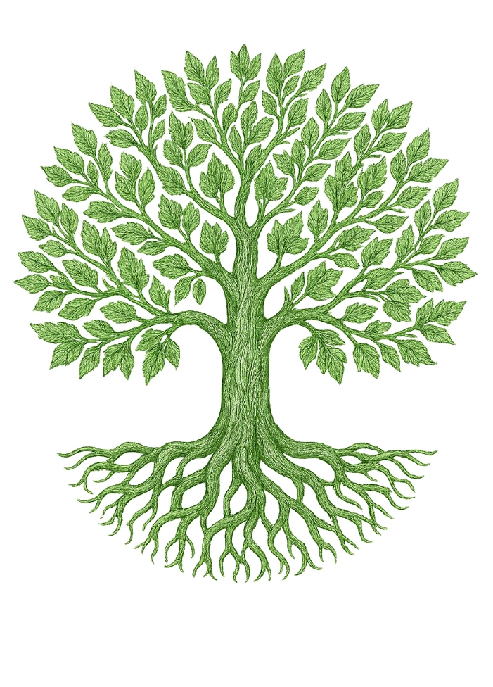 Tattoovorlage kunstvoller Baum mit ausladenden Ästen und detaillierten Blättern