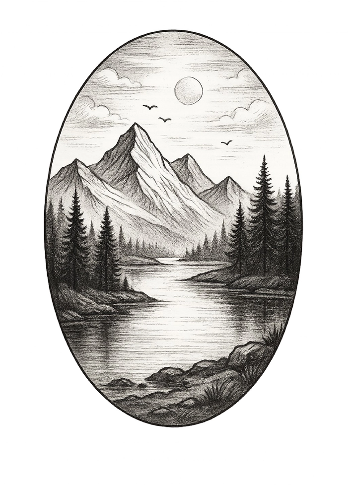 Tattoovorlage Landschaft mit Bergen und See für Rücken