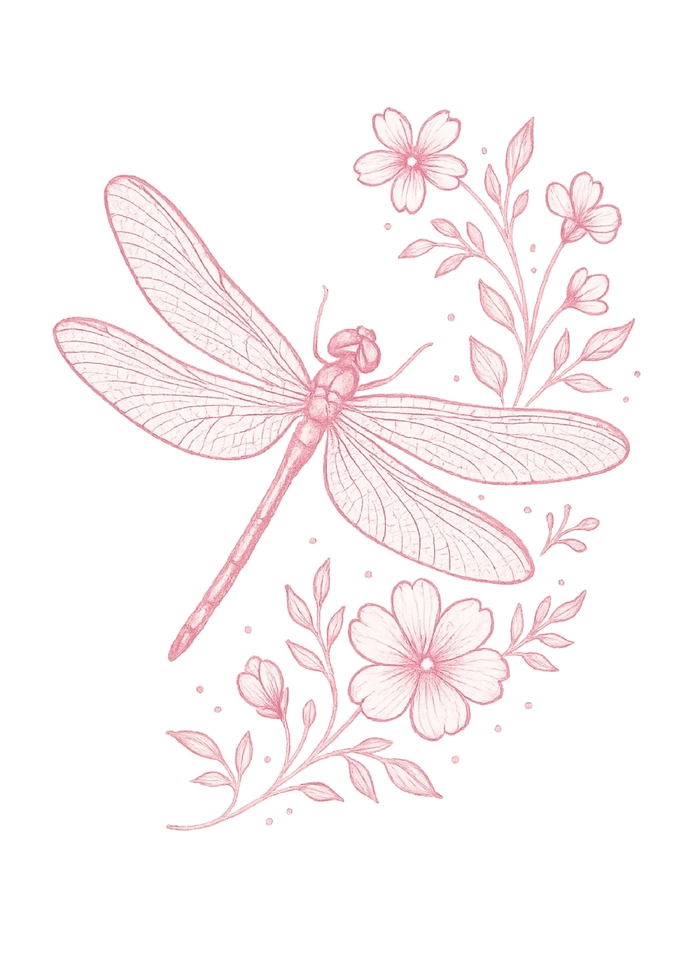 Tattoovorlage Libelle und Blumen im rosa Design für Bauch