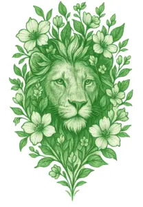 tattoovorlage-loewe-mit-bluehenden-pflanzen-lebendige-harmonie
