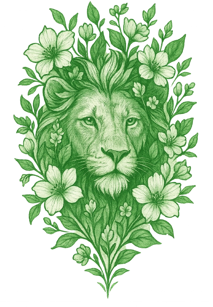 Tattoovorlage Löwe mit blühenden Pflanzen - Lebendige Harmonie