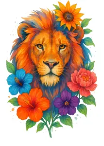 tattoovorlage-loewe-mit-blumen-natur-symbolik