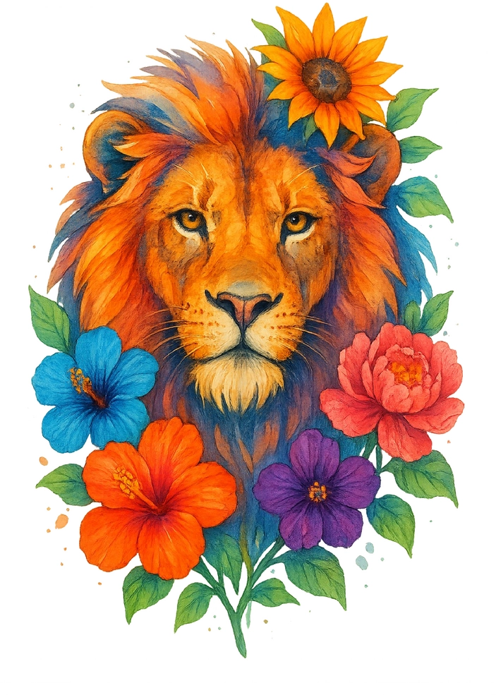 Tattoovorlage Löwe mit bunten Blumen für Männer