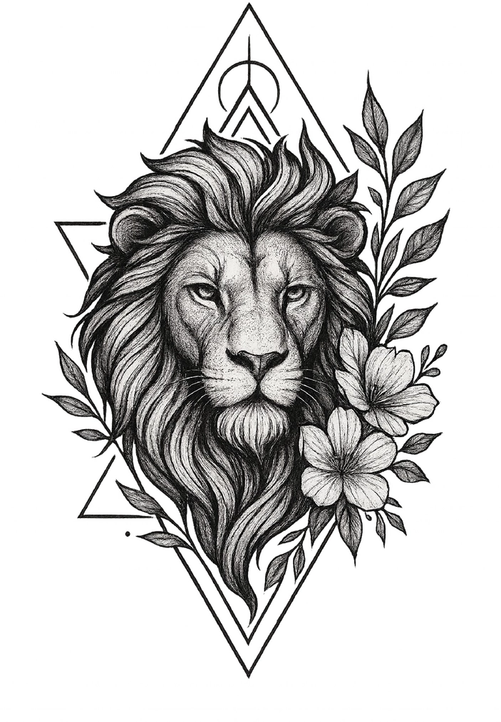 Tattoovorlage Löwe mit floralen Elementen für die Brust