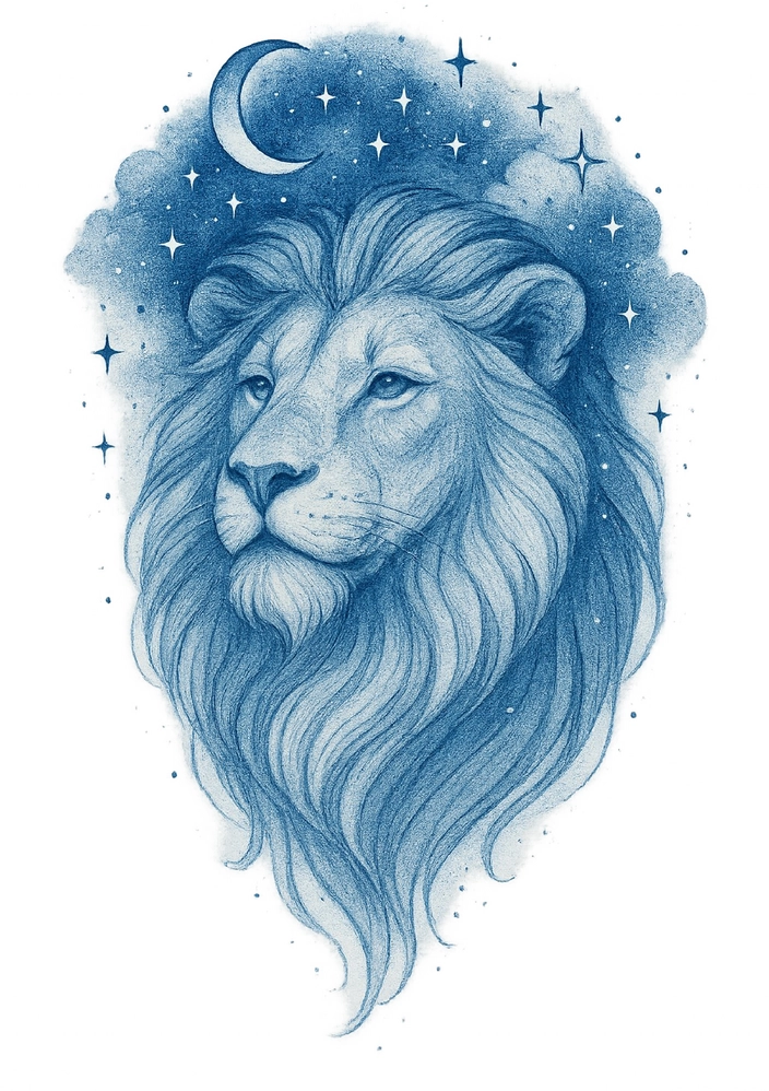 Tattoovorlage Löwe mit Sternen und Mond im nächtlichen Design