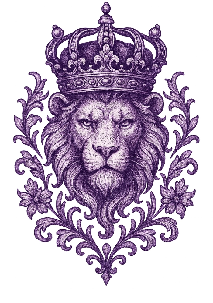 Tattoovorlage Löwenkopf mit Krone und floralen Verzierungen