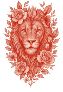tattoovorlage-loewenportrait-mit-rosetten-und-blaettern