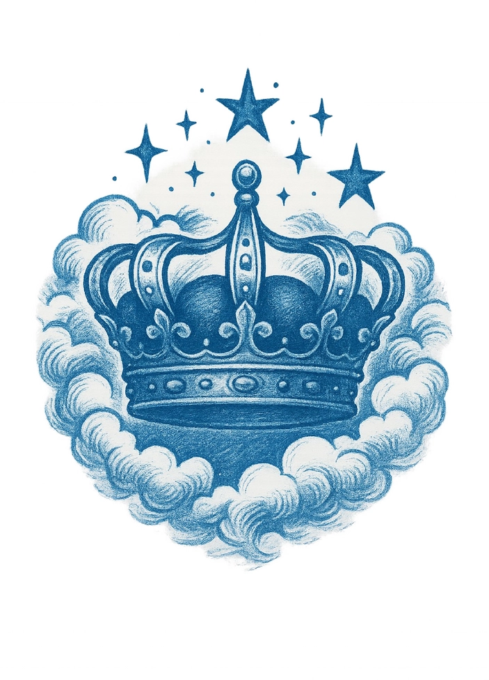 Tattoovorlage Majestätische Krone Umgeben von Sternen und Wolken