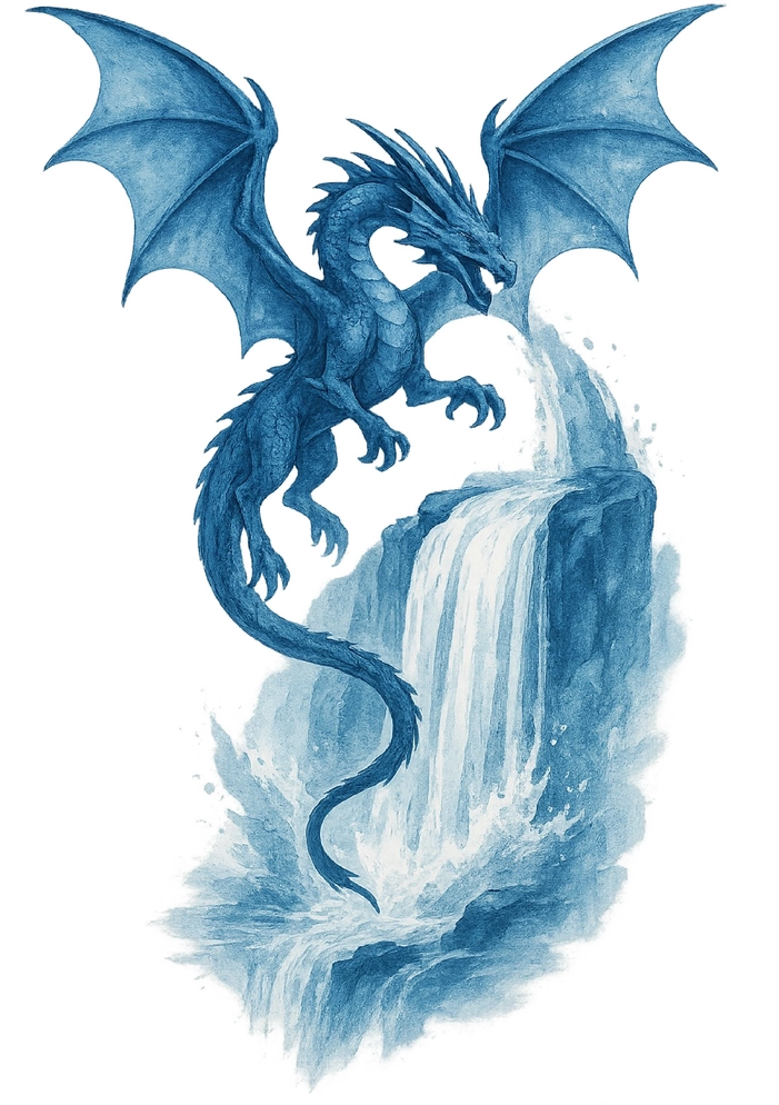 Tattoovorlage Majestätischer Drache über Wasserfall