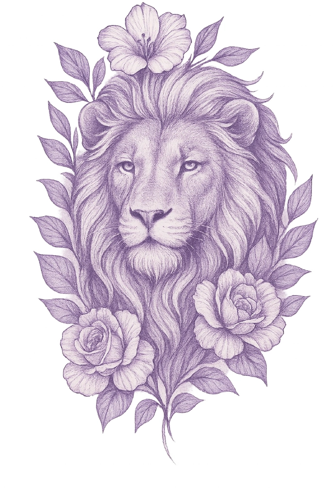 Tattoovorlage majestätischer Löwe umgeben von Blumen