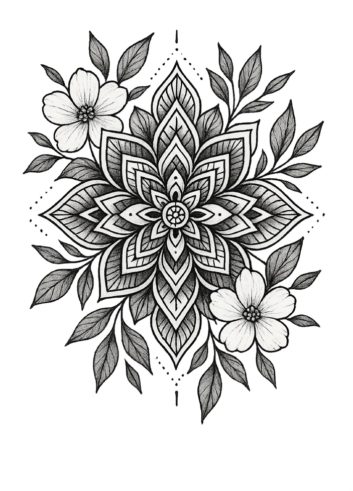 Tattoovorlage Mandala mit floralen Elementen