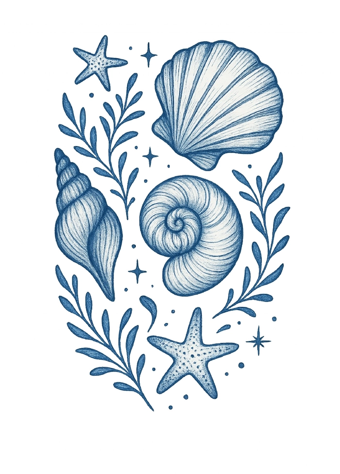 Tattoovorlage mit maritimen Elementen wie Muscheln und Seesternen