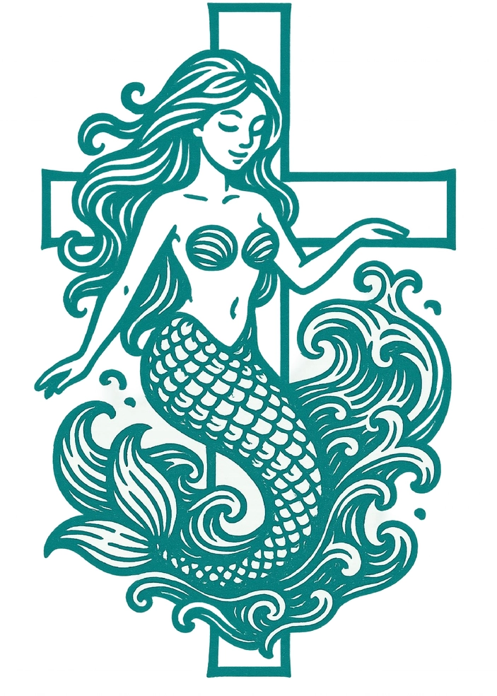 Tattoovorlage Meerjungfrau mit Kreuz und Wellen