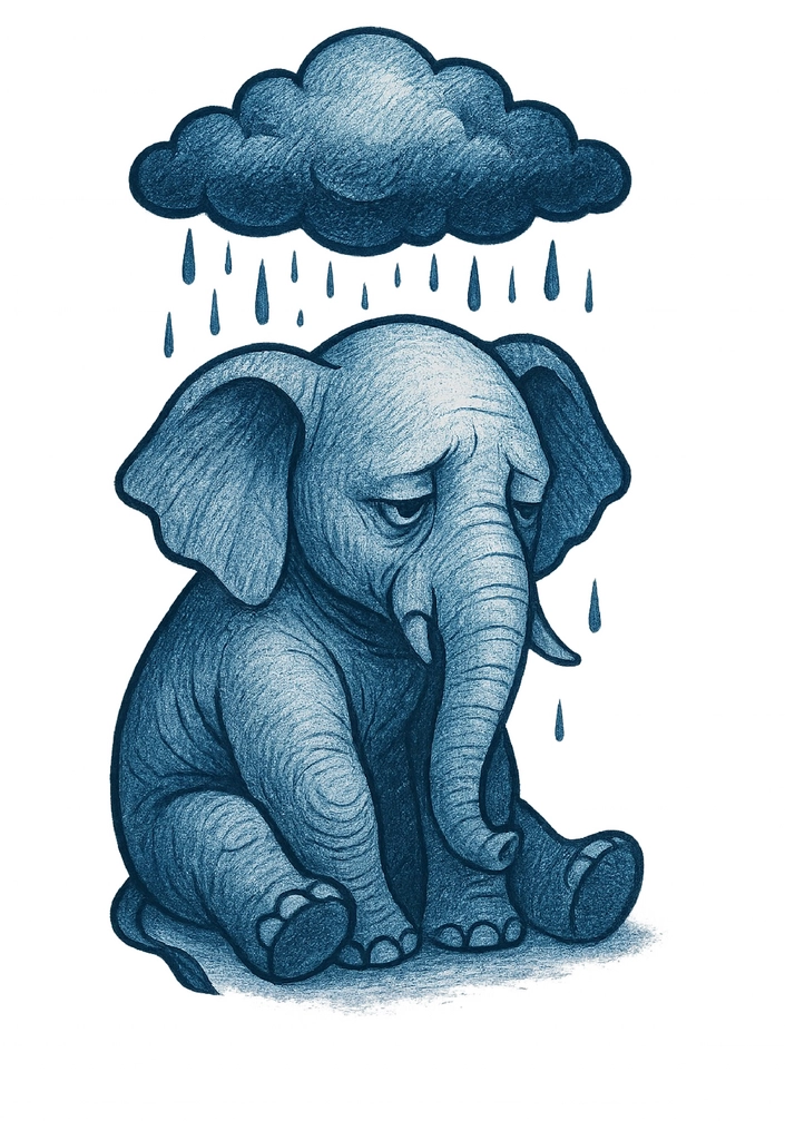 Tattoovorlage melancholischer Elefant mit Wolke und Regen
