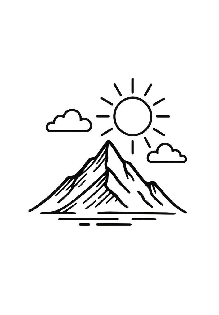 Tattoovorlage minimalistischer Berg mit Sonne und Wolken