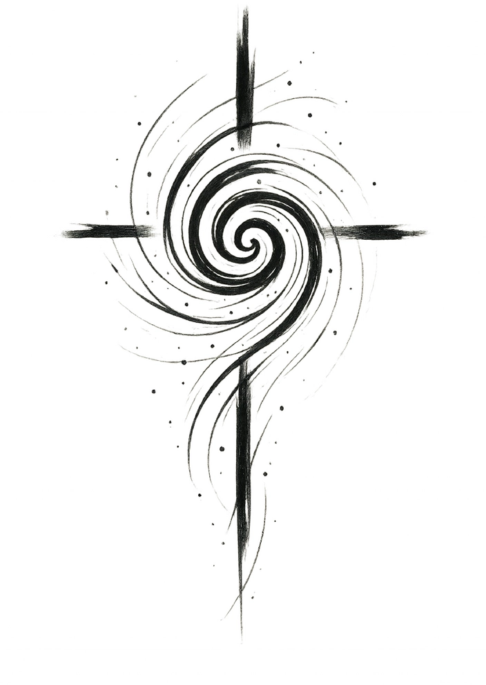 Tattoovorlage mit abstrakter Spirale und Kreuzmotiv