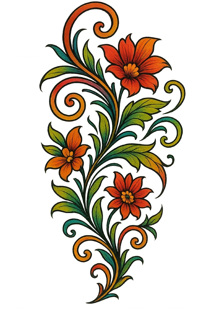 Tattoovorlage mit bunten floralen Mustern und geschwungenen Linien