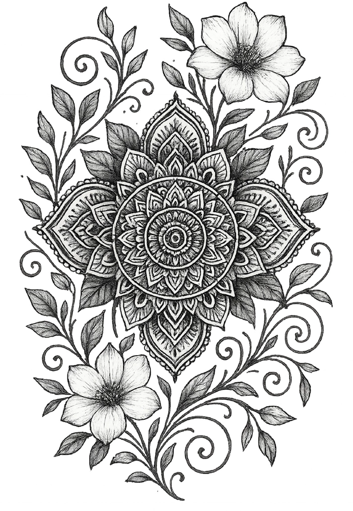 Tattoovorlage mit detailliertem Mandala und blühenden Pflanzen