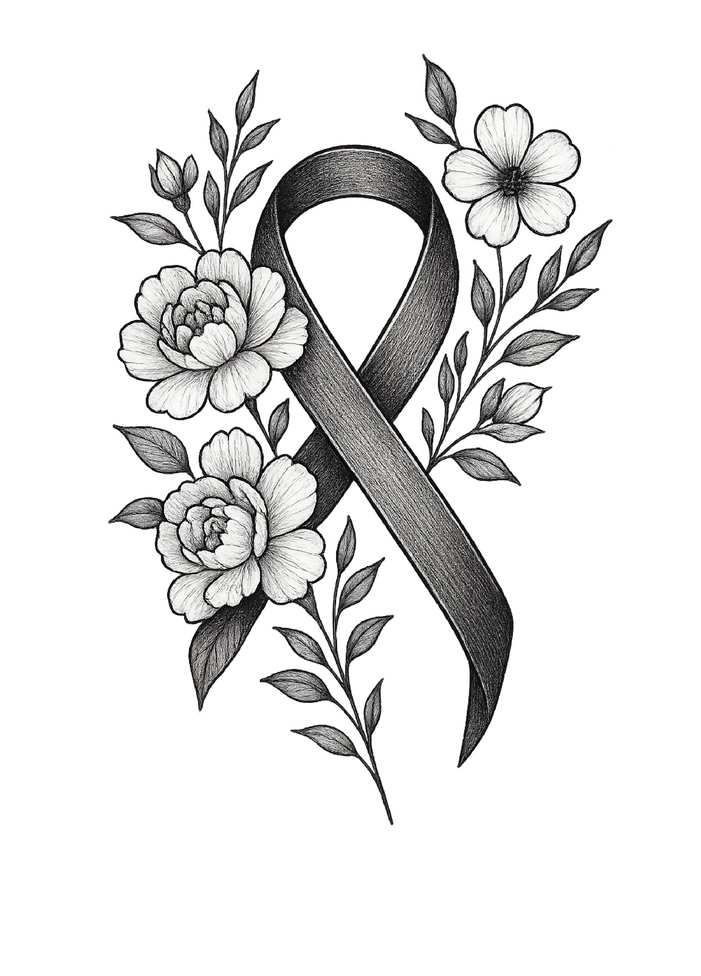 Tattoovorlage mit elegantem Trauerband und floralen Akzenten