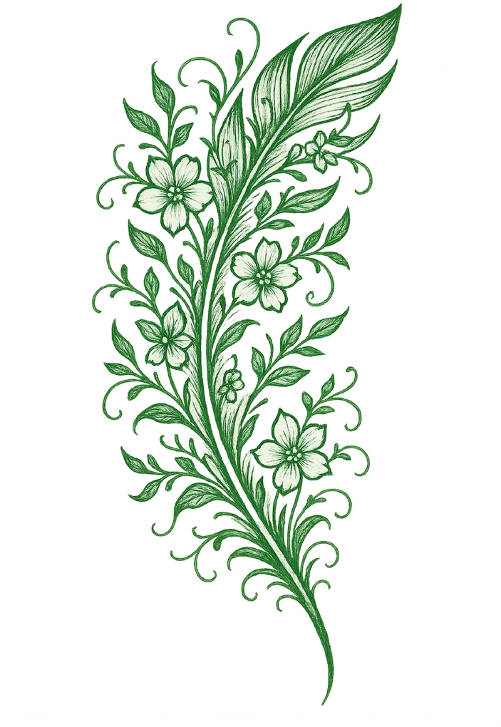 Tattoovorlage mit eleganter Feder und floralen Akzenten