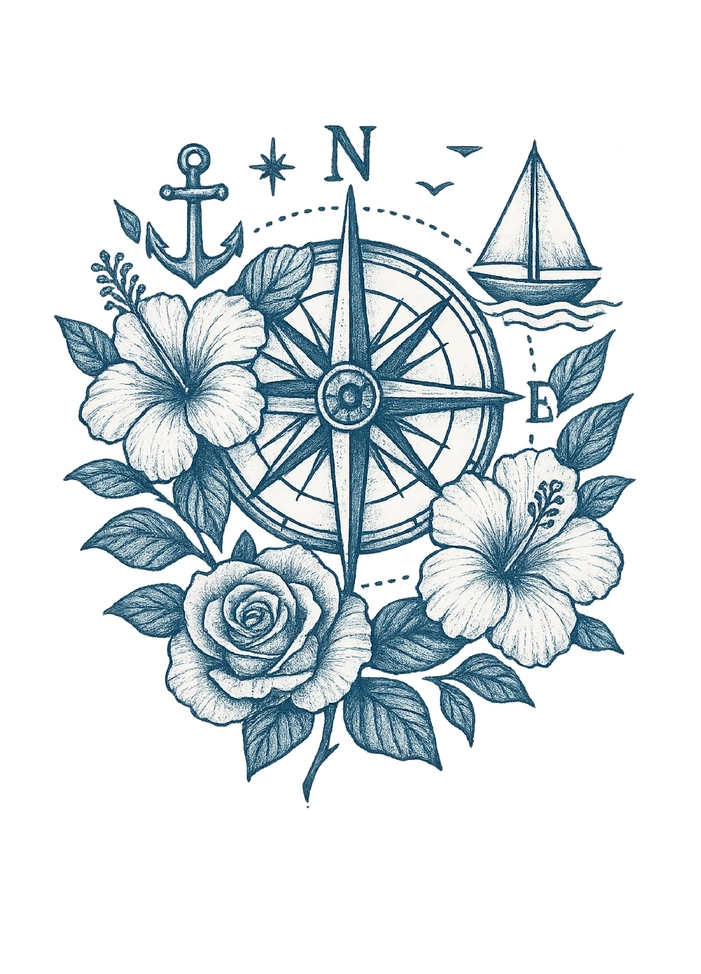 Tattoovorlage mit Kompass und floralen Elementen