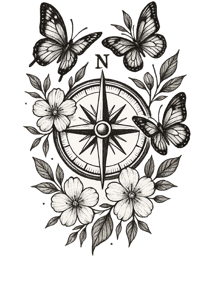 Tattoovorlage mit Kompass, Schmetterlingen und Blumen