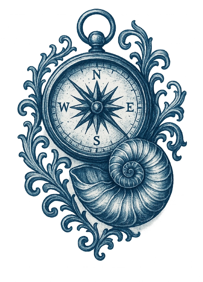 Tattoovorlage mit kunstvollem Kompass und Schnecke