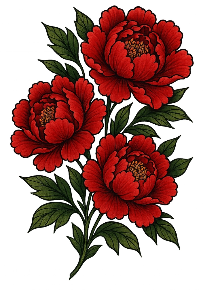 Tattoovorlage mit kräftigen Pfingstrosen in Rot