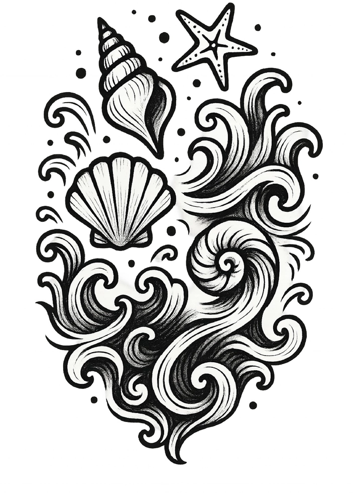 Tattoovorlage mit maritimen Motiven: Wellen und Muscheln