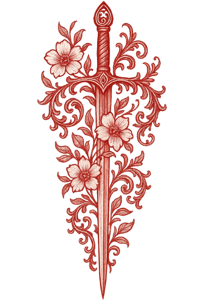 Tattoovorlage mit floralen Elementen und Schwert-Motiv