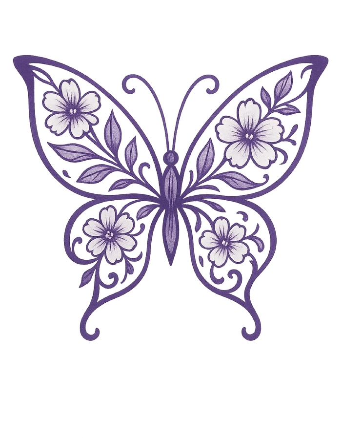 Tattoovorlage mit stilisiertem Schmetterling und floralen Akzenten