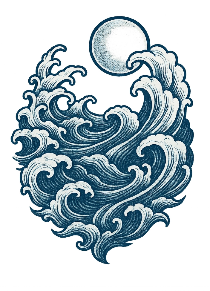 Tattoovorlage mit stilisierten Wellen und Sonne