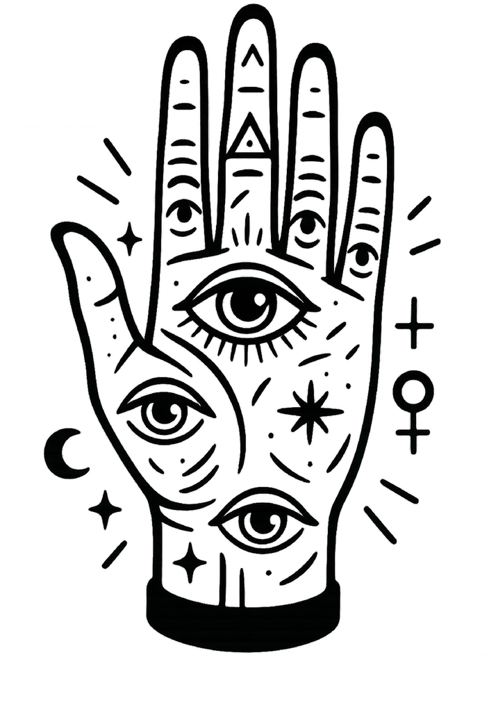 Tattoovorlage mit stilisierter Hand und Augen-Symbolen