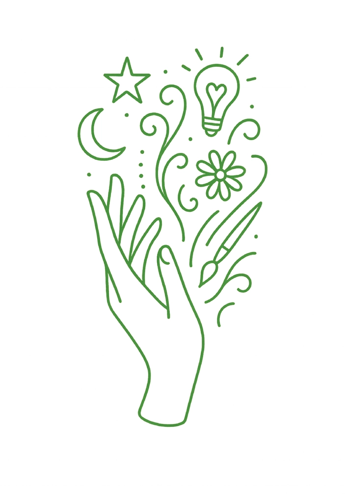 Tattoovorlage mit stilisierter Hand und kreativen Symbolen