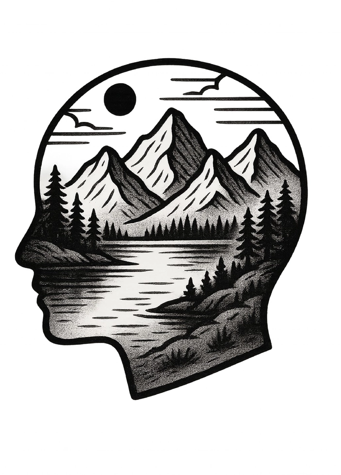 Tattoovorlage mit stilisierter Landschaft im Kopf