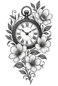 tattoovorlage-mit-uhr-und-floralen-elementen