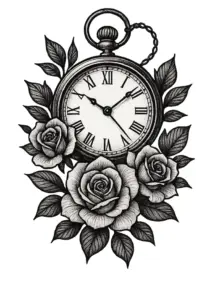 tattoovorlage-mit-uhr-und-rosen-schwarz-weiss