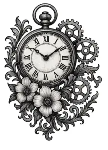 tattoovorlage-mit-uhr-und-zahnradern-und-blumenornamenten