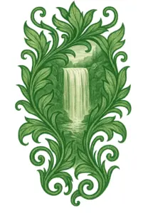 tattoovorlage-mit-wasserfall-und-gruenen-blaettern