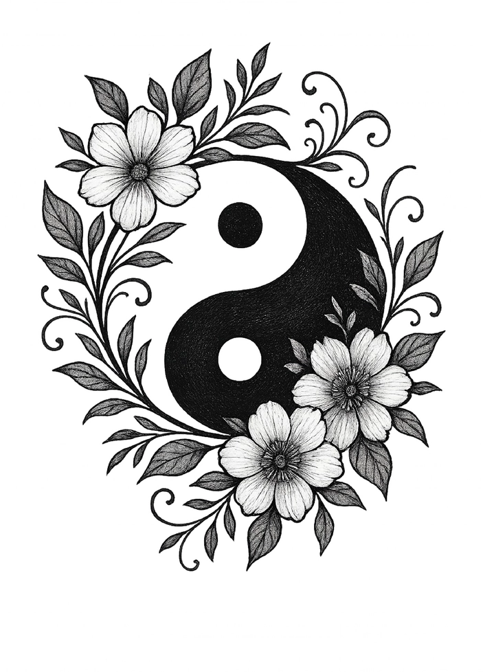 Tattoovorlage mit Yin-Yang und floralen Elementen