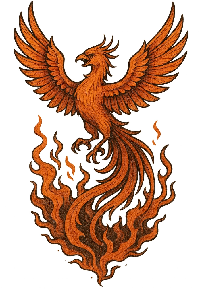 Tattoovorlage Phoenix aus Flammen mit orangefarbenen Akzenten