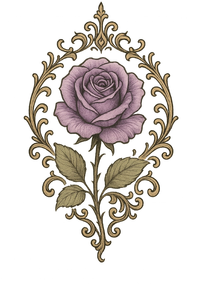 Tattoovorlage Rose mit nostalgischen Verzierungen und sanften Farben