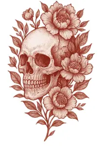tattoovorlage-schaedel-mit-rosen-und-blaettern