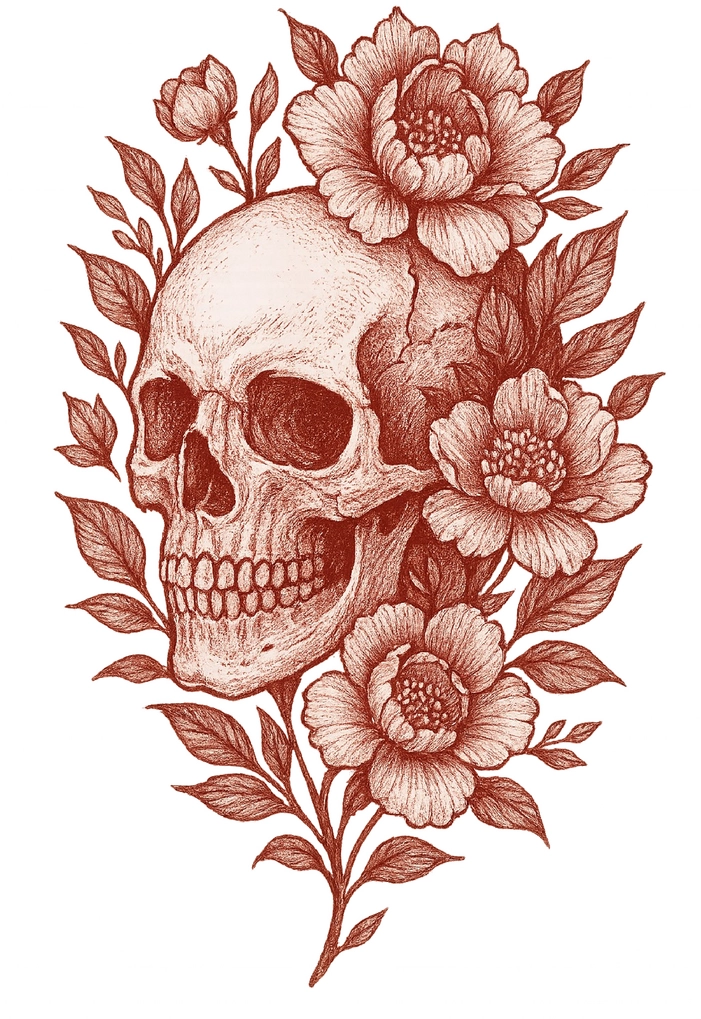 Tattoovorlage Schädel mit Rosen und Blättern