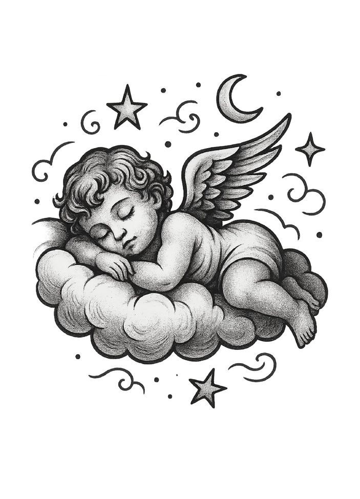 Tattoovorlage schlafender Engel auf Wolke mit Sternen