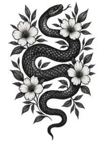 tattoovorlage-schlange-florale-elemente-schwarz-weiss