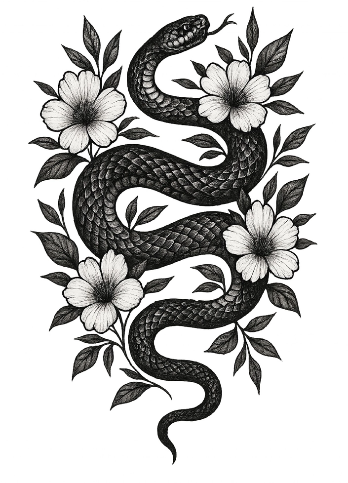 Tattoovorlage Schlange mit floralen Elementen in Schwarz-Weiß