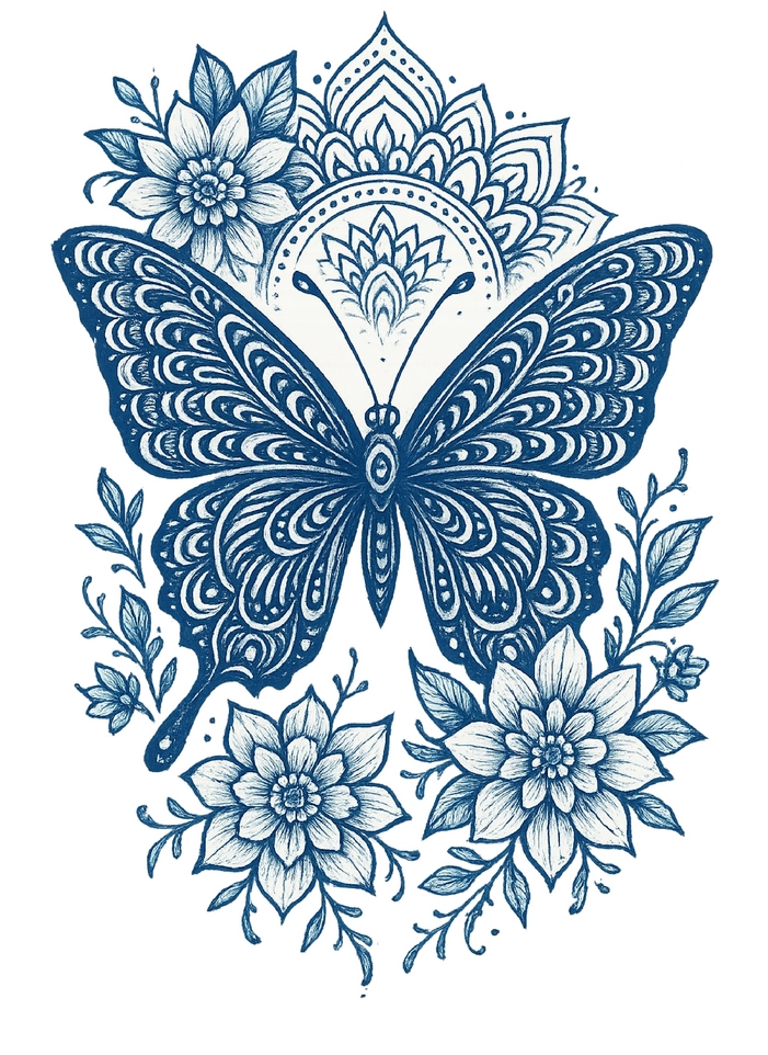 Tattoovorlage Schmetterling mit filigranen Blumenmustern